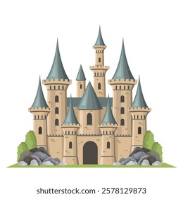 Medieval castle with towers surrounded by greenery. Vector illustration