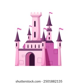 Medieval castle with towers vector flat illustration. Fairytale mansion exterior, king fortress castle, stone palace building. Old ancient kingdom icon. Cartoon vintage chateau isolated