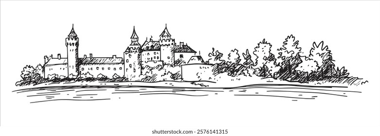 medieval castle with trees and lake in black and white hand-drawn style