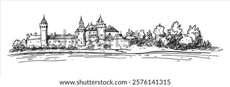 medieval castle with trees and lake in black and white hand-drawn style