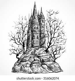 Medieval castle with trees on a rock. Hand drawn landscape in sketch style. Vector illustration