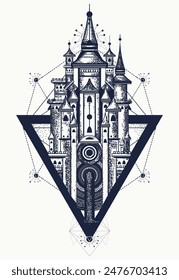 Medieval castle in triangle. Tattoo. Hand drawn vector graphic. Symbol of the Middle Ages, fairy tales, dreams, imaginations. T-shirt design art