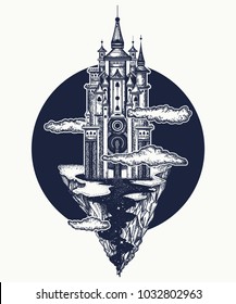 Medieval castle t-shirt design. Symbol of the fairy tale, dream, magic 