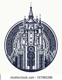 Medieval castle t-shirt design. Symbol of the fairy tale, dream, magic 