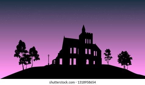 medieval castle under purple night sky vector illustration. it is realistic black silhouette of old building with pass through windows and trees around. can be used as background for game or cartoon