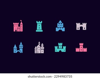 Medieval castle vector icon set. Fairytale knight fortress icons.