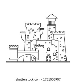 Icono vectorial de castillo medieval.Icono vectorial de línea aislado en castillo medieval de fondo blanco.