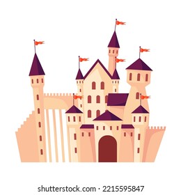 Medieval castle vector illusstraion. Fortified palaces, mansions with flags isolated on white background. Fairy tale, ancient buildings concept