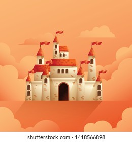 mittelalterliche Schlossgrafik auf bewölktem Hintergrund Vektorillustration. Fantasie- oder Märchenpalastturm, Königsarchitektur