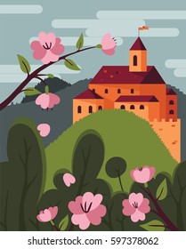 A medieval castle vector landscape. A view with pink blossom, meadow and mountain