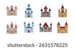 Medieval castle vector set. Castle clip art. Clip art castle. Cartoon fortress, citadel, princess tower. Flat design illustration