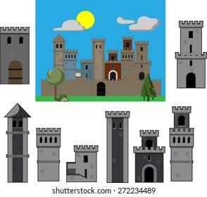 Medieval castle vector set. Flat design.