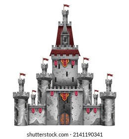 Medieval castle, vector stone palace game illustration, magic fantasy fortress isolated on white. Ancient king tower, royal gothic UI architecture clipart roof, entrance gate. Medieval castle exterior