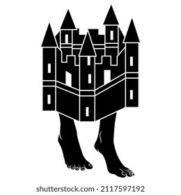 Medieval castle walking on bare human feet. Creative concept. Black and white negative silhouette.