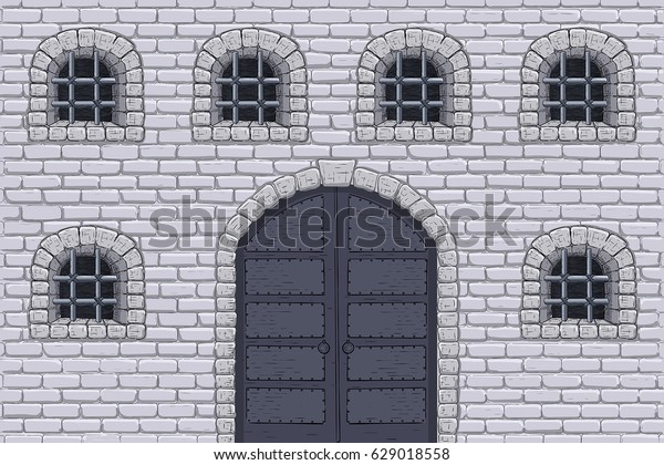中世の城壁で 扉と鉄格子窓が付いている 手描きのスケッチ ベクターイラスト のベクター画像素材 ロイヤリティフリー