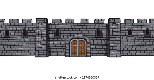 Medieval castle wall with gate and loopholes. Isolated dungeon or palace exterior, template for 2d game. Stone building facade with wooden closed arched door, Cartoon graphics, vector illustration