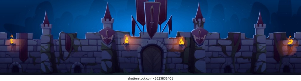 Parede do castelo medieval à noite, exterior da antiga fortaleza. Torres de pedra com telhados cônicos, portão arqueado, tochas queimadas sob o céu escuro e luar. Definição de reino de fantasia para design de nível de jogo.