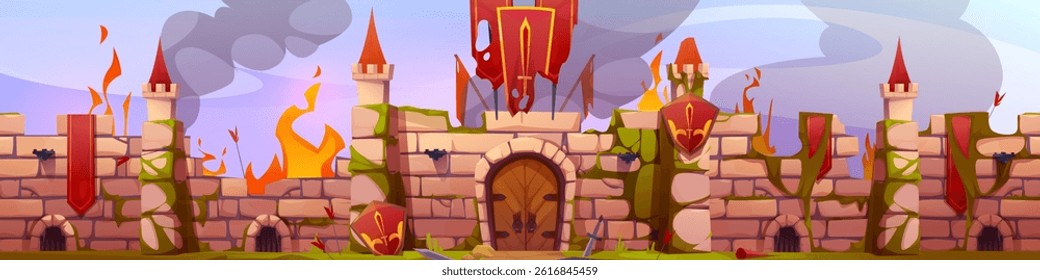Medieval castle wall on fire during battle, broken burning fortress. Cracked stone towers, arched gate, orange flames. Smoking ruins of fantasy kingdom war destruction scene for historical game level.