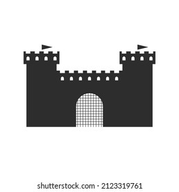 Medieval castle with watchtowers and lifting gate. Feudal fortress, feudalism. Fairytale castle. Flat vector illustration isolated on white background.