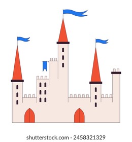 Medieval castle with waving flags 2D linear cartoon object. Ancient fortress from fairy tale isolated line vector element white background. Architectural monument color flat spot illustration