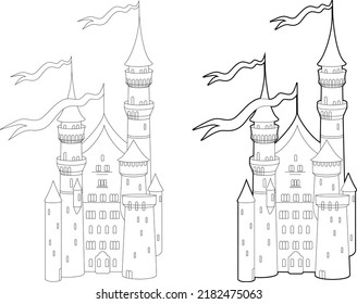 Medieval castle with waving flags. Romanesque architecture. Line art. Vector illustration isolated on white background