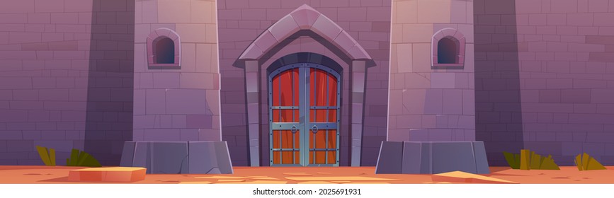 Medieval castle with wooden gates in stone wall