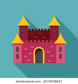 Medieval castle with yellow roofs standing tall against a clear blue sky, designed in a modern flat style