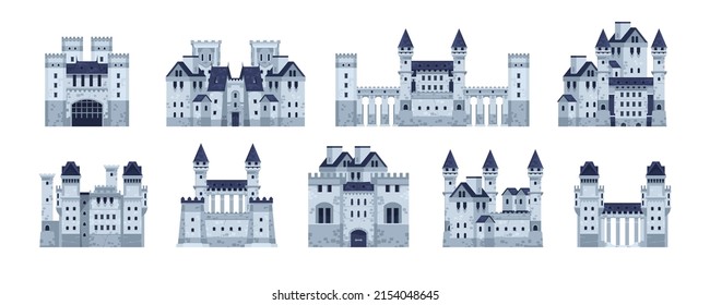 Medieval castles. Cartoon fairytale fortress of old kingdom with stone walls, gate and turret. Vector ancient gothic palace set. Royal ancient towers for royal family. Old architecture