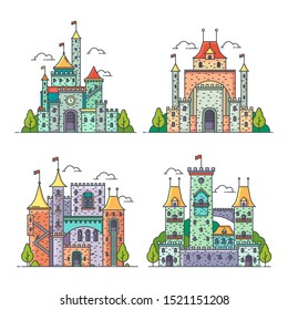Medieval castles, cartoon king palace and fantasy fortress vector icons. Fairy tale royal castle with flags on towers, brick walls, citadels and gates