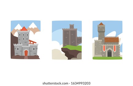 Medieval Castles Collection, Ancient Buildings on Summer Nature Landscape Vector Illustration