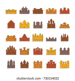 Medieval castles doodle icons set vector illustration for design and web isolated on white background. Medieval castles vector object for label and advertising