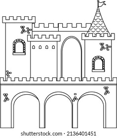 Medieval castles doodle outline for colouring illustration