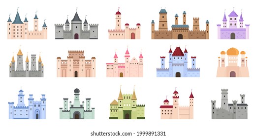 Medieval castles. Fairytale buildings, fortress and royal palaces. Flat ancient gothic architecture with towers. Cartoon castle vector set. Collection castle tower, ancient fortress architecture