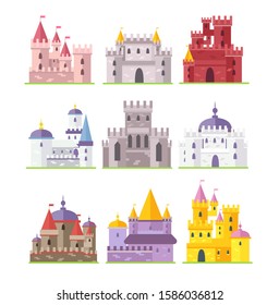 Medieval castles flat vector illustrations set. Old fortresses with flags. Cartoon ancient architecture buildings. Colorful fairytale palaces pack. Royal stone wall citadels collection.