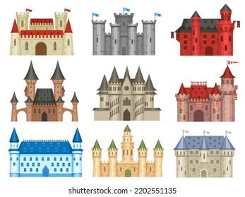 Medieval castles. Gothic palace, ancient king house and old kingdom castle tower vector set of palace fortress illustration