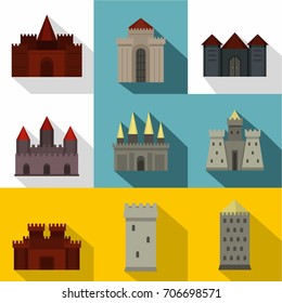Medieval castles icon set. Flat style set of 9 medieval castles vector icons for web design