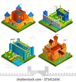 Medieval castles isometric collection with towers flags and walls in cartoon style vector illustration  