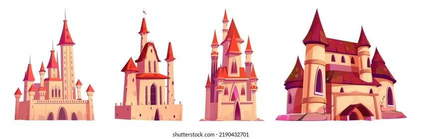 Castillos medievales, palacios con torretas, banderas, ventanas abovedadas y puertas. Magia de fantasía, princesa o fortaleza real de hada, arquitectura antigua aislada en fondo blanco, vector de dibujos animados