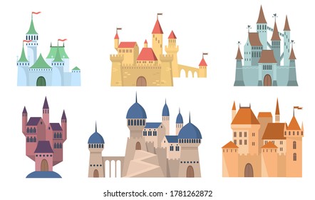 Medieval castles set. Fairytale fortresses and towers with flags. Ancient mansion buildings in gothic style. Can be used for architecture, fantasy, kingdom, online game concept