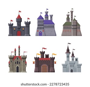 Medieval castles set. Fairytale palace, mansion, stone fortress castle, fortified palace with gates cartoon vector illustration