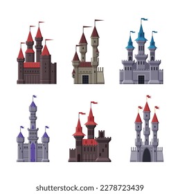 Medieval castles set. Fairytale palaces, mansions, stone fortress castle cartoon vector illustration