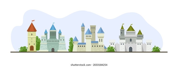 Medieval castles and village buildings horizontal background. Kingdom architecture landmark from bricks, wood and stones. Old antique church, windmill, arched gate, observation tower, well vector flat