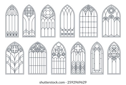 Medieval catholic arch and gothic church windows. Vector set of isolated outline black silhouettes. Vintage stained glass frames. Traditional European cathedral architecture monochrome elements