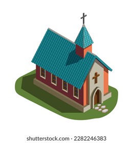 Medieval catholic church on green lawn isometric 3d vector illustration