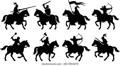 Medieval cavalry silhouette vector collection featuring knights on horseback with swords, lances, shields, and bows