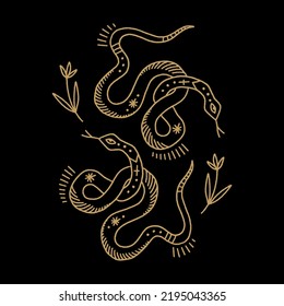 Medieval celestial folk vintage boho snakes vector and jpg printable image, unique clipart illustration, editable isolated details. Perfect for poster or postcard template, t-shirt clothes design