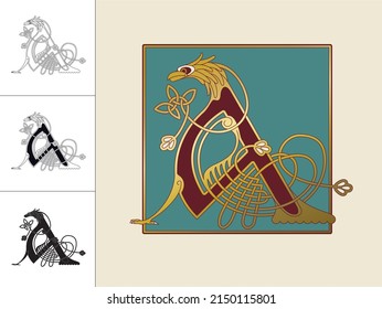 Medieval, Celtic Initial Letter A combining animal body parts  from and Eagle and endless knot ornaments in four different versions