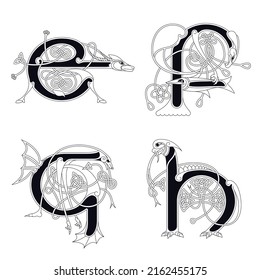 Medieval, Celtic Initial Letter E, F, G and H combining animal body parts and endless knot ornaments in black and white