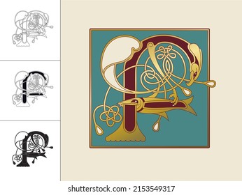 Medieval, Celtic Initial Letter F combining animal body parts from an Eagle and a Fish and endless knot ornaments in four different versions