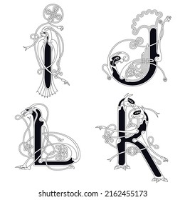 Medieval, Celtic Initial Letter I, J, K and L combining animal body parts and endless knot ornaments in black and white